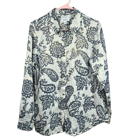 Charter Club Weekend Linen Shirt L Metallic Floral Paisley Casual Button Down - Picture 2 of 14